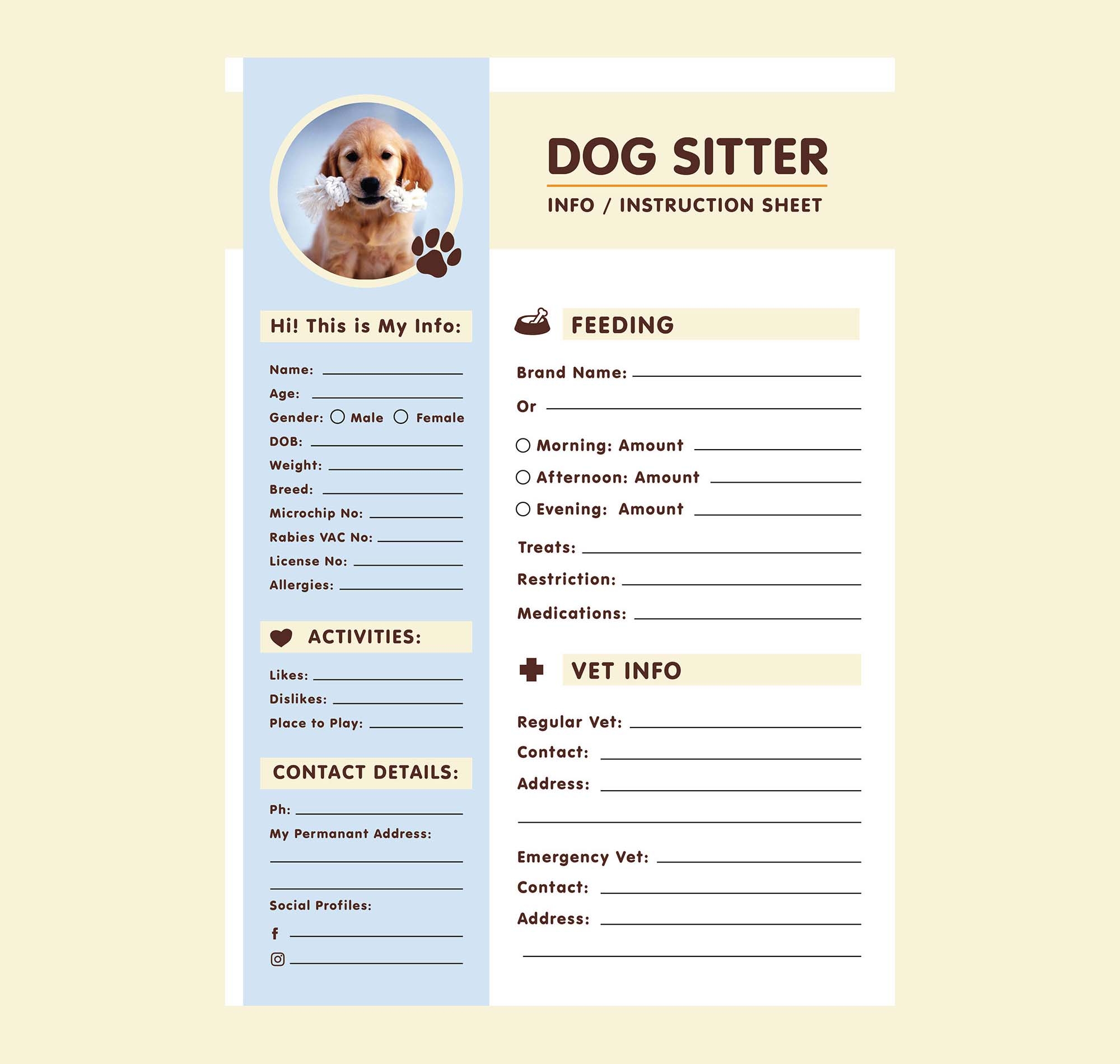 Pet Information Sheet Printable Pet Information Sheet Printable