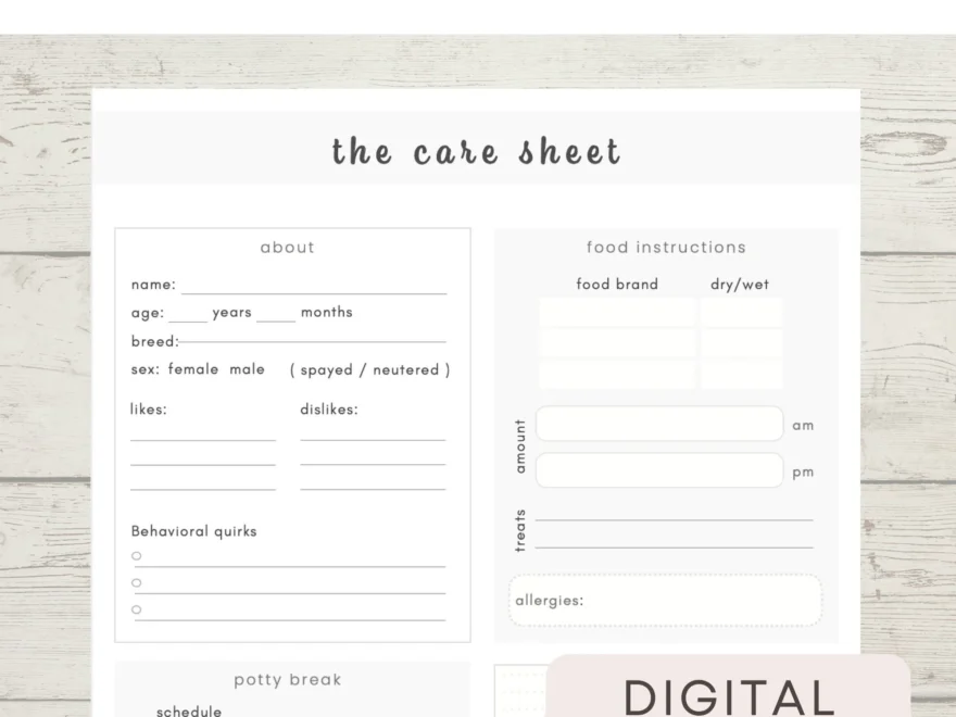 Petsitter Care Sheet Printable Pet Care Pet Info Sheet Dogsitter Info Catsitter Info Etsy