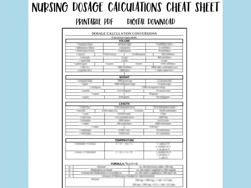 Printable Nursing Pharmacology Dosage Calculations Cheat Sheet Medication Math Measurement Conversions Nursing Student Study Guide PDF Etsy