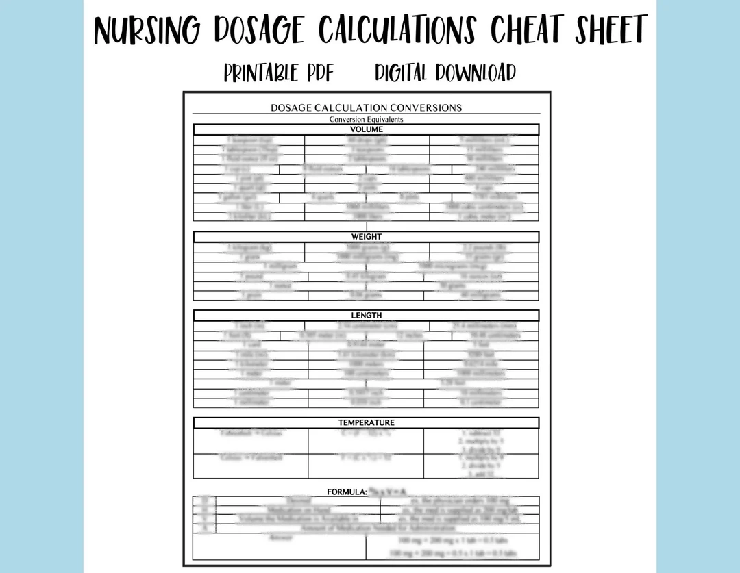 Printable Nursing Pharmacology Dosage Calculations Cheat Sheet Medication Math Measurement Conversions Nursing Student Study Guide PDF Etsy Printable Nursing Pharmacology Dosage Calculations Cheat Sheet Medication Math Measurement Conversions Nursing Student Study Guide PDF Etsy
