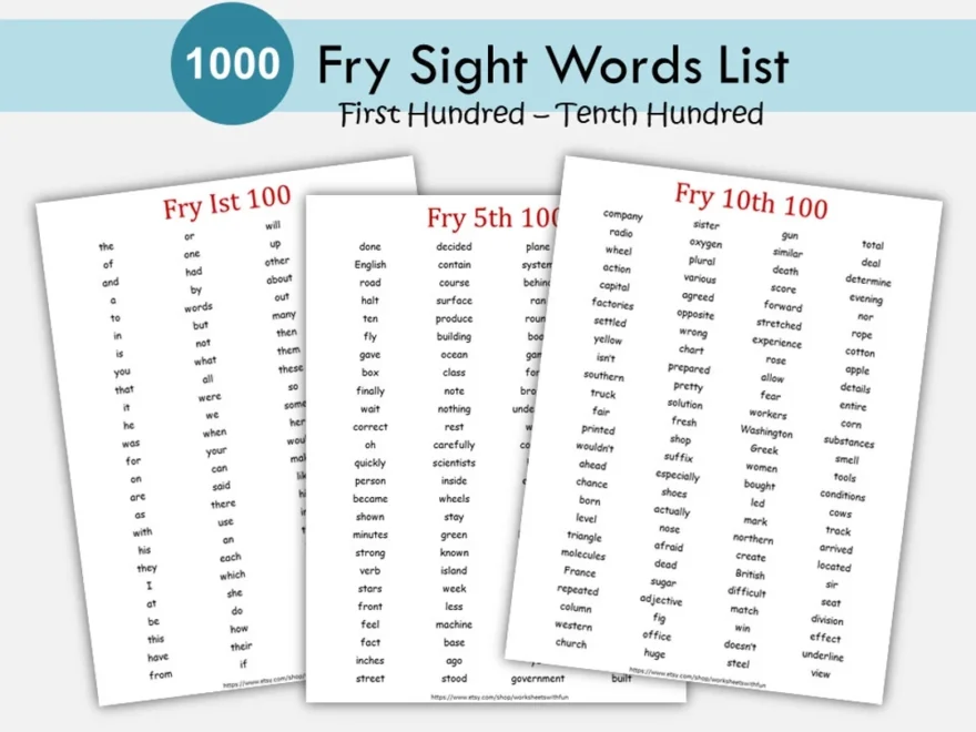 1 000 Fry Sight Words List Printable High Frequency Words Preschool Kindergarten Grade 1 2 3 4 5 Fry 1st To 10th Hundred Etsy Hong Kong