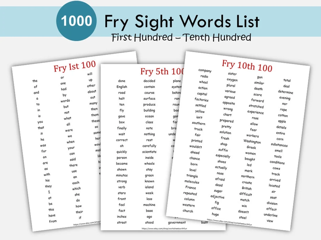 1 000 Fry Sight Words List Printable High Frequency Words Preschool Kindergarten Grade 1 2 3 4 5 Fry 1st To 10th Hundred Etsy Hong Kong