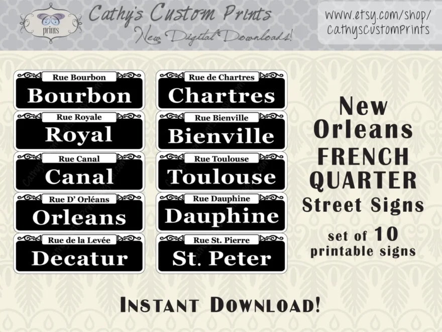10 New Orleans French Quarter Printable Signs Set Of 10 Printable Bourbon Street Signs Mardi Gras Decor Wedding Decor NOLA Etsy