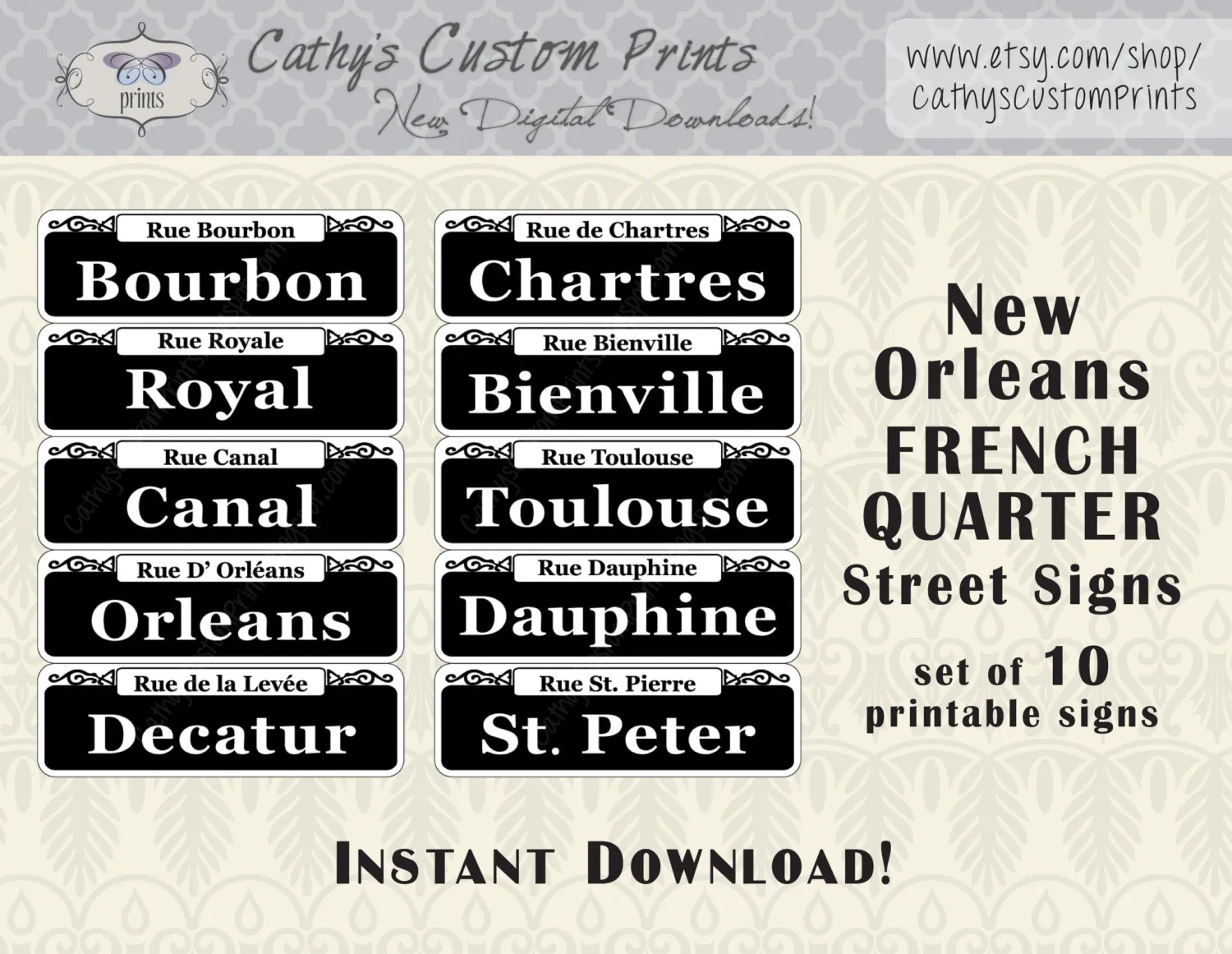 10 New Orleans French Quarter Printable Signs Set Of 10 Printable Bourbon Street Signs Mardi Gras Decor Wedding Decor NOLA Etsy