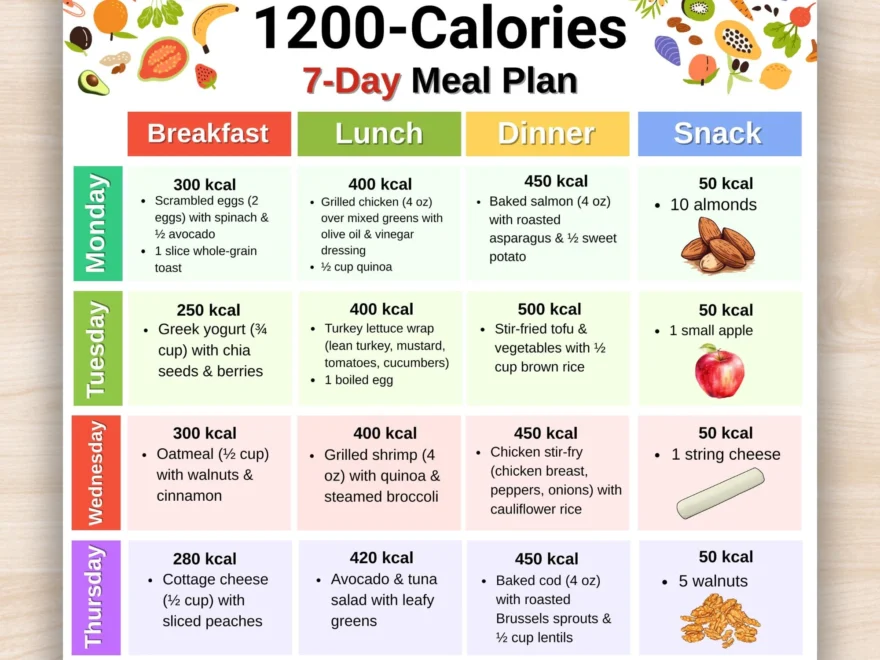 1200 Calories Diet Meal Plan Low Calorie Food List Printable 7 day Meal Prep 7 Day Low Calorie Meal Ideas Portion Control Food Chart PDF Etsy