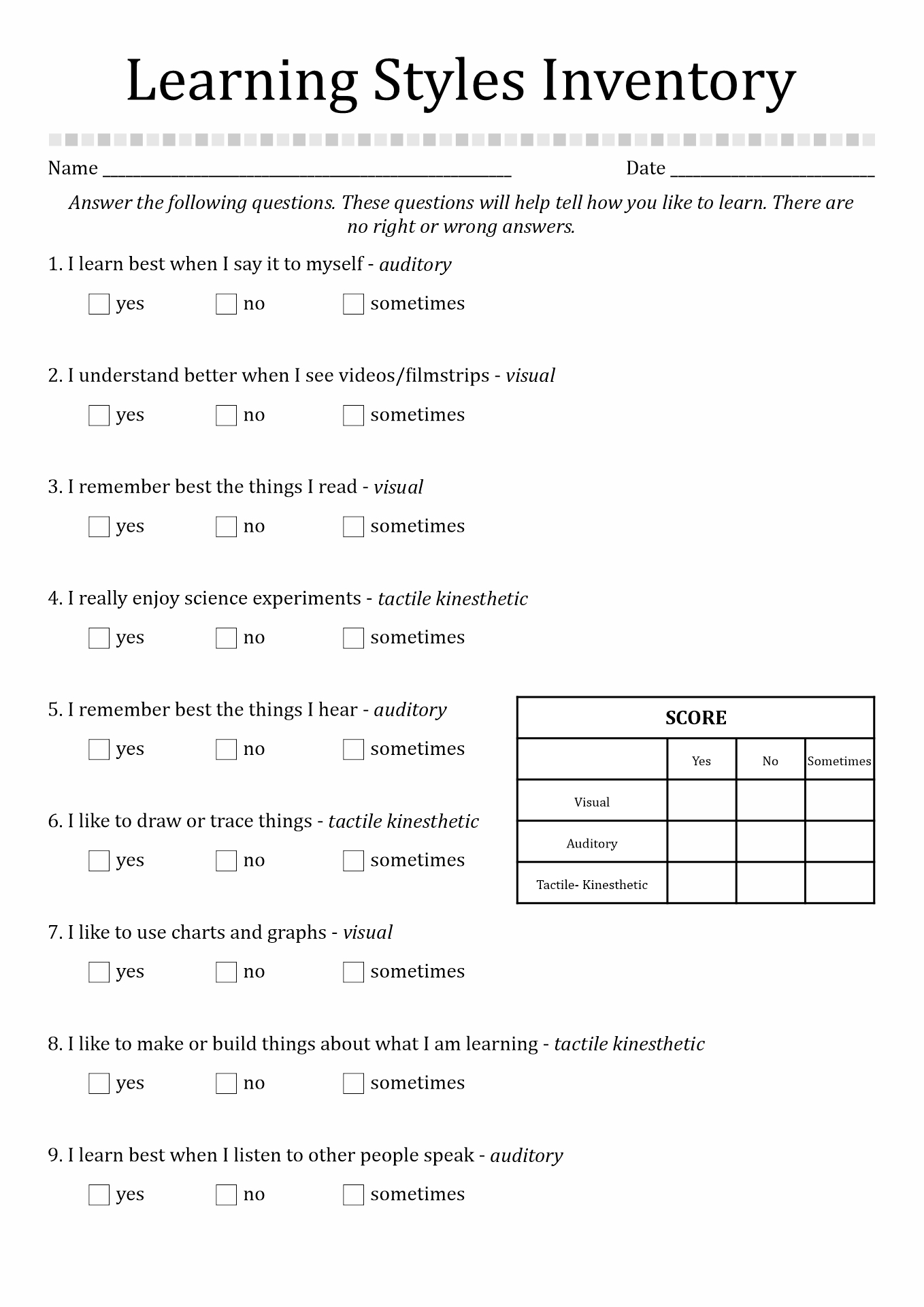 Free Printable Learning Style Inventory Sheets