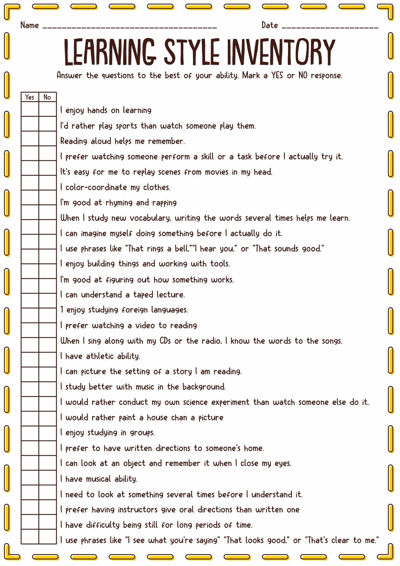 13 Learning Styles Inventory Worksheet