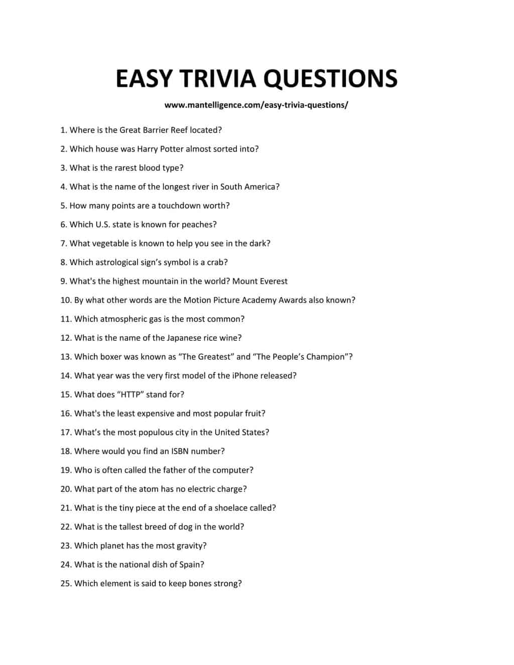 152 Easy Trivia Questions And Answers For Kids Teens Adults Mantelligence