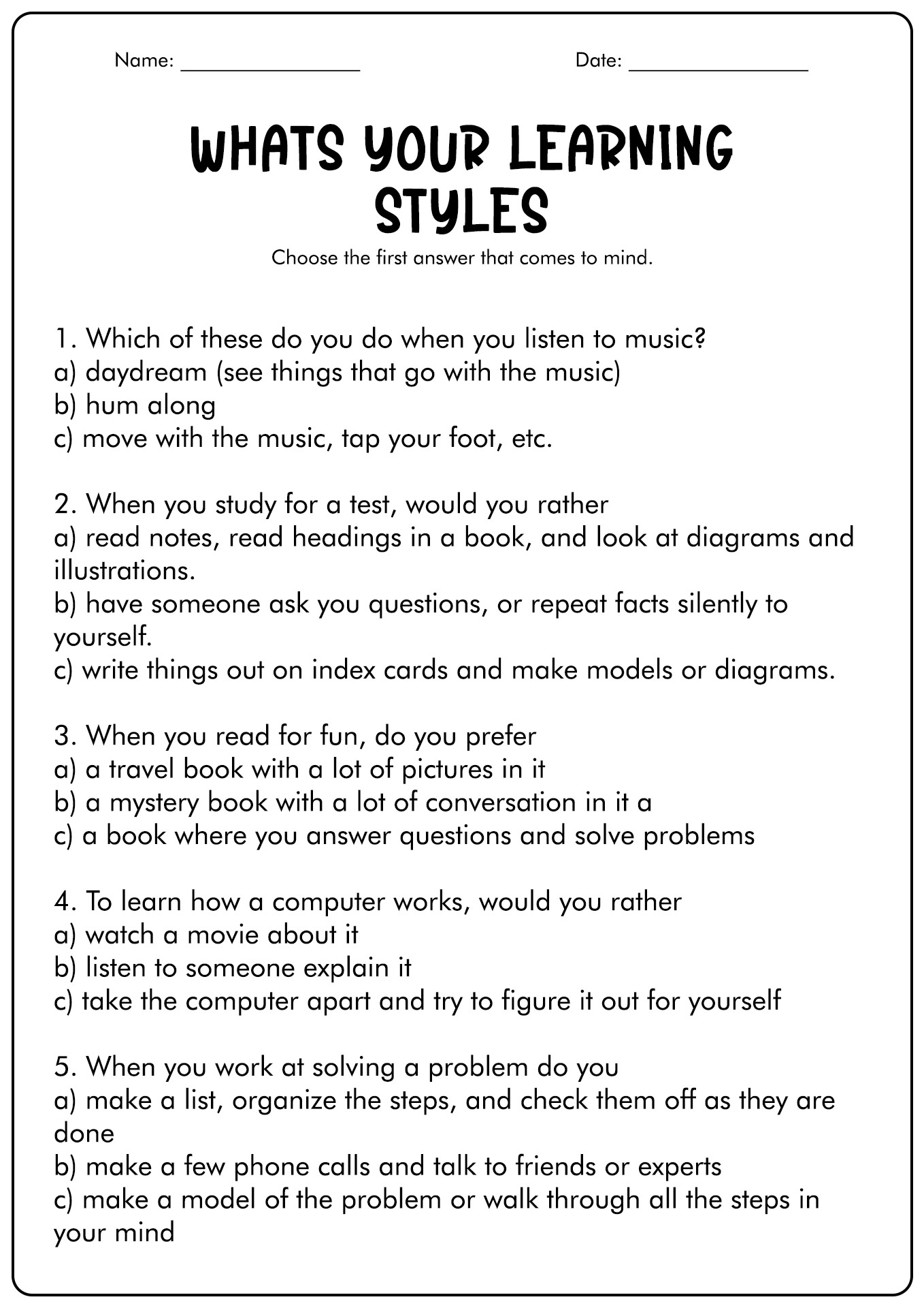 Learning Style Inventory Quiz Printable
