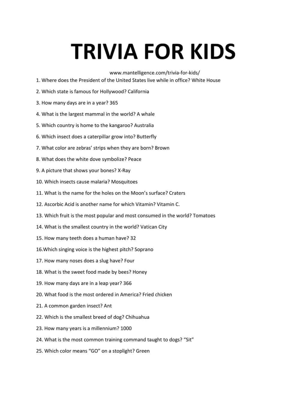 Easy Trivia Questions And Answers Printable