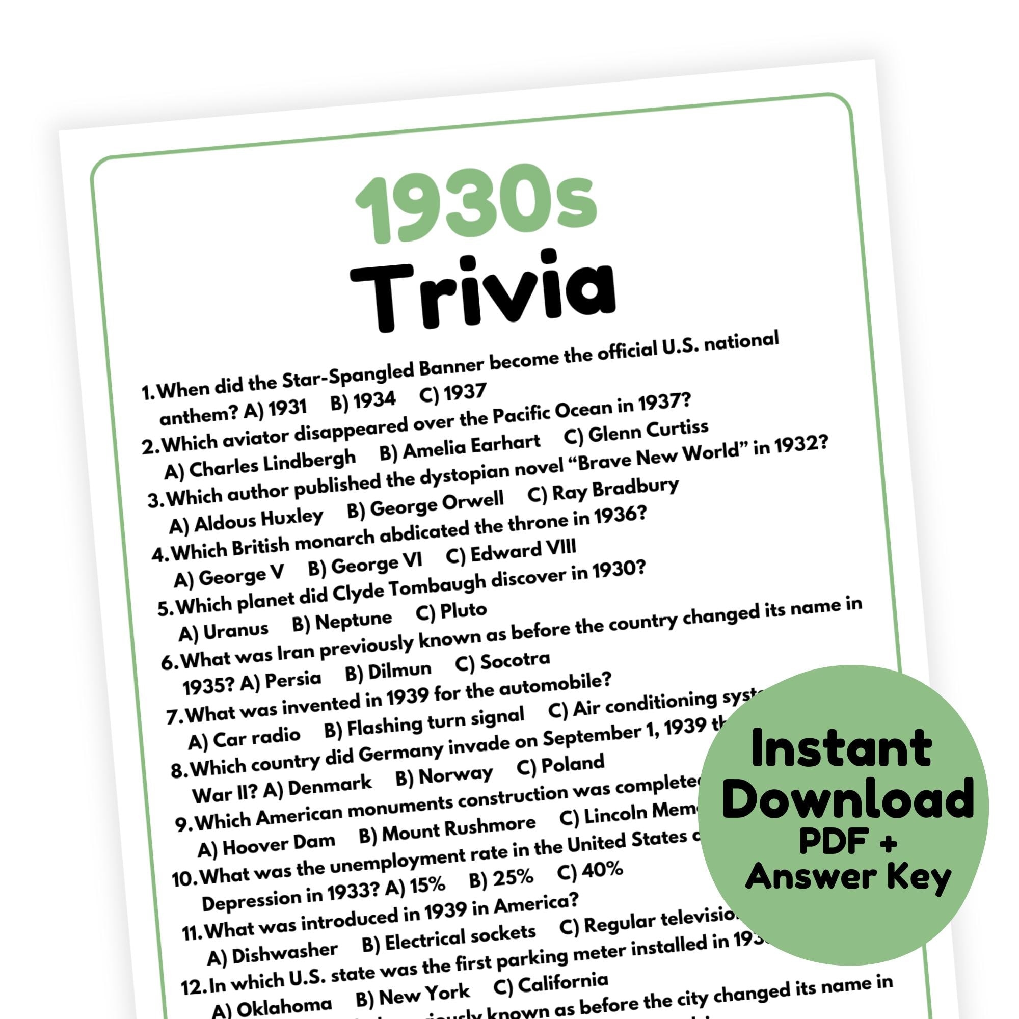 1930s Trivia Game 1930s Game Printable 1930s Party Game For Adults 30s Trivia Game Decades Trivia Game Etsy