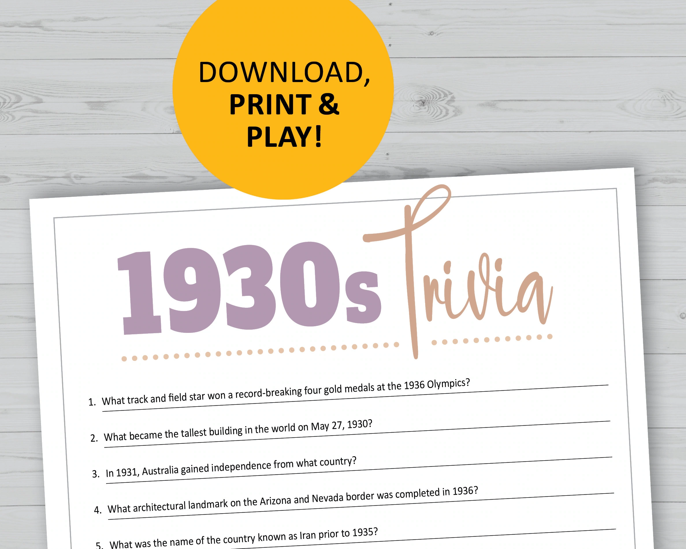 1930s Trivia Game 30s History Pop Culture Printable Games Instant Download Etsy
