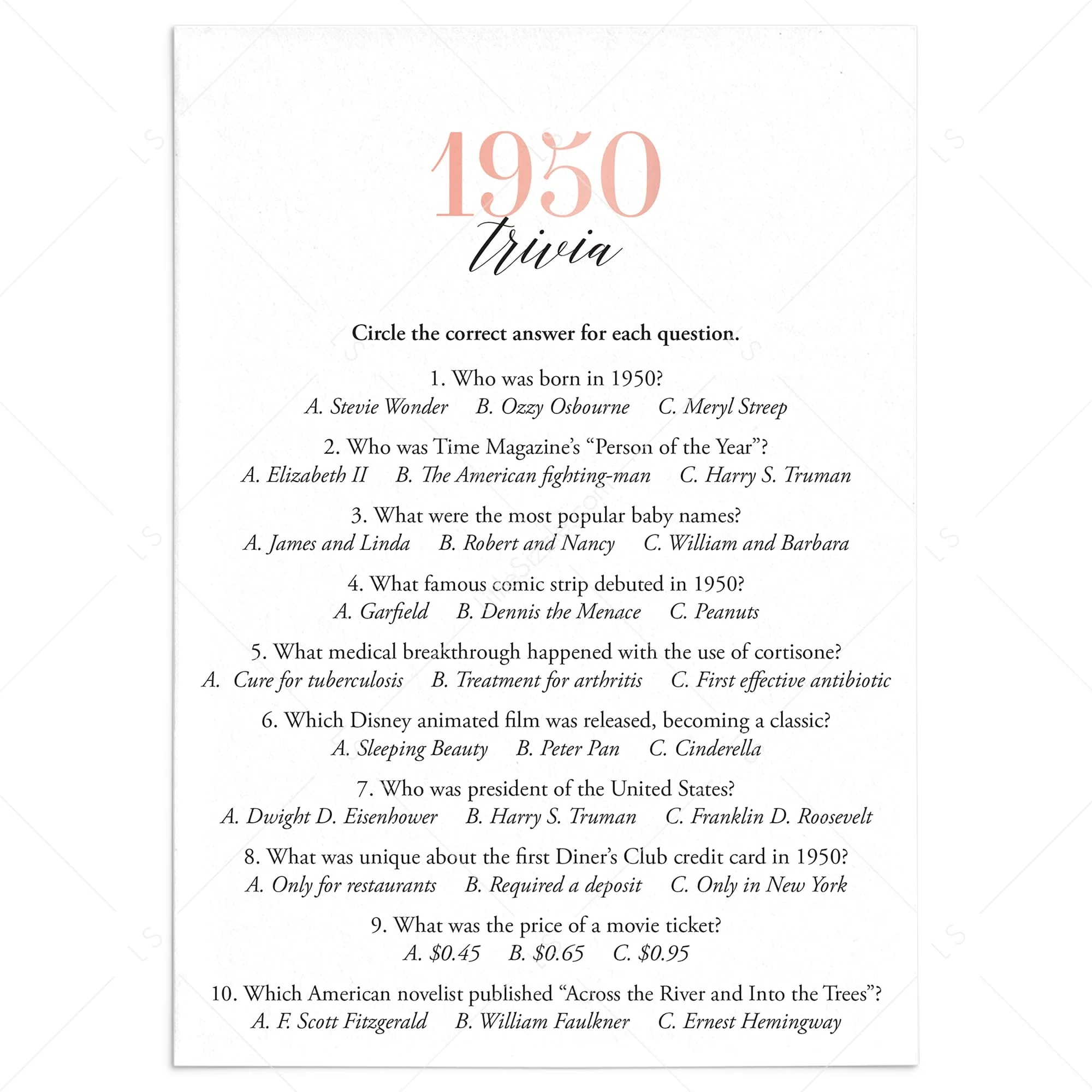 1950 Trivia Questions And Answers Printable Instant Download LittleSizzle