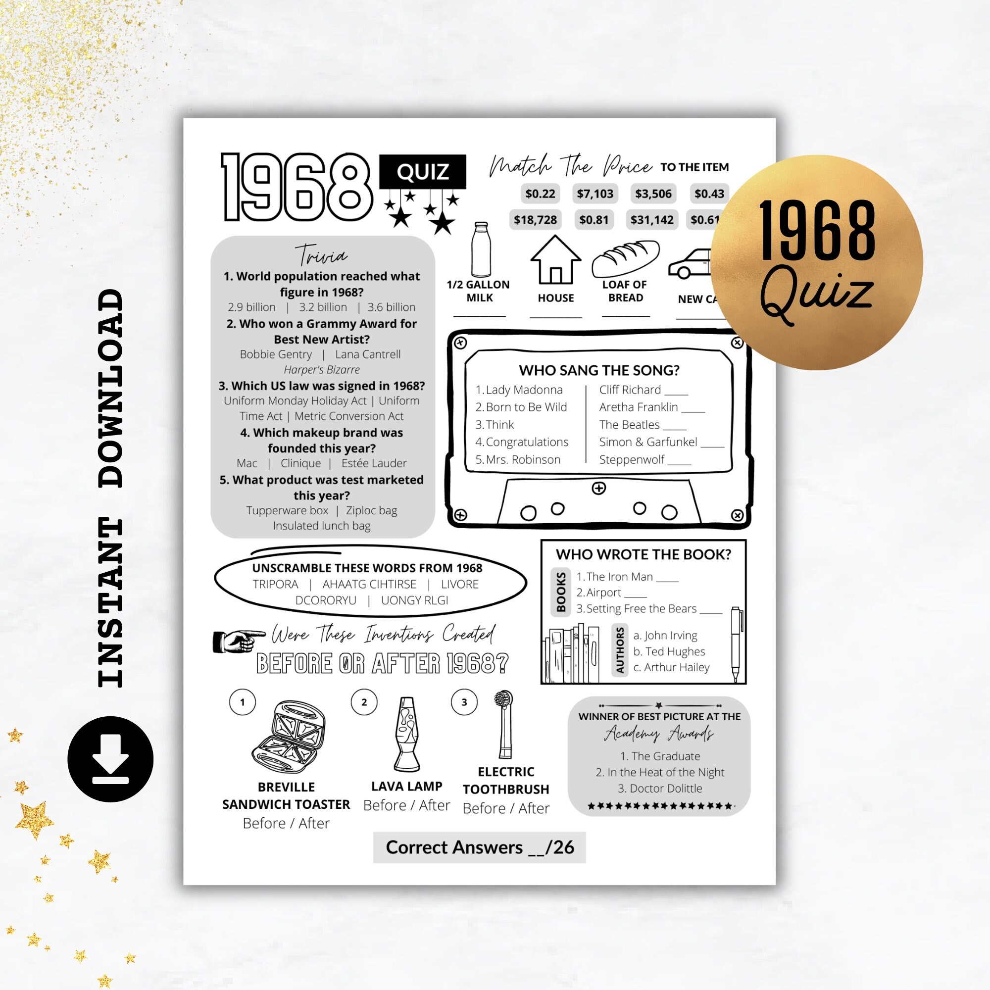 1968 Quiz Born In 1968 Print Trivia Printable 57th Birthday Party Games Anniversary Quiz 1968 Party Quiz Instant Download US UK Etsy