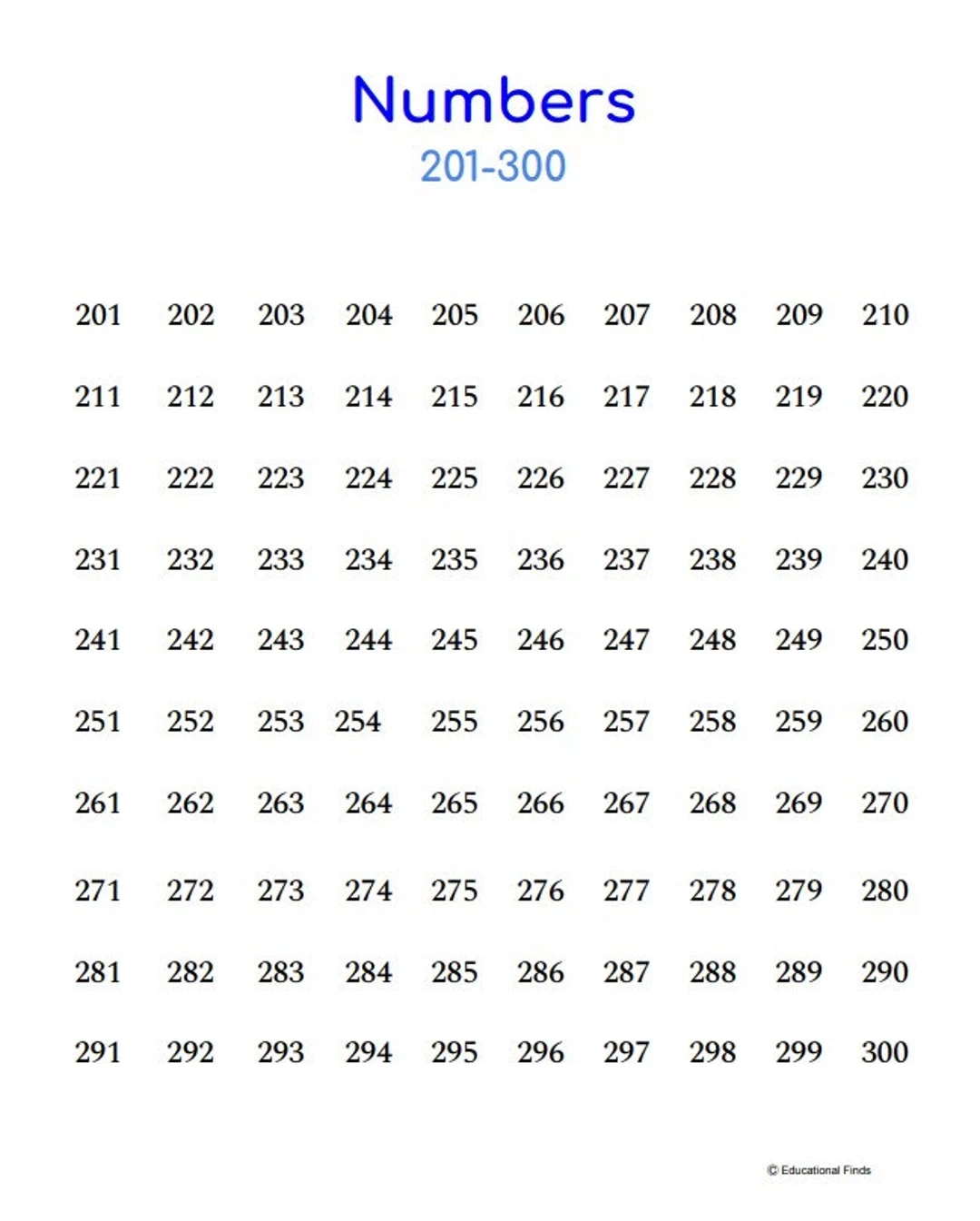 200 Chart Numbers 201 300 digital Printable Etsy