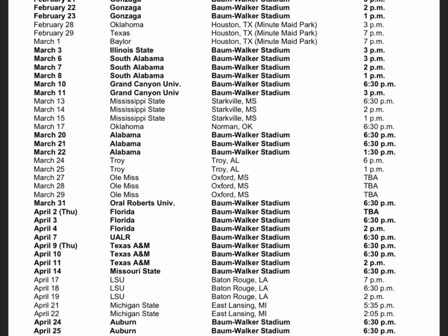 2020 Arkansas Baseball Schedule R razorbacks