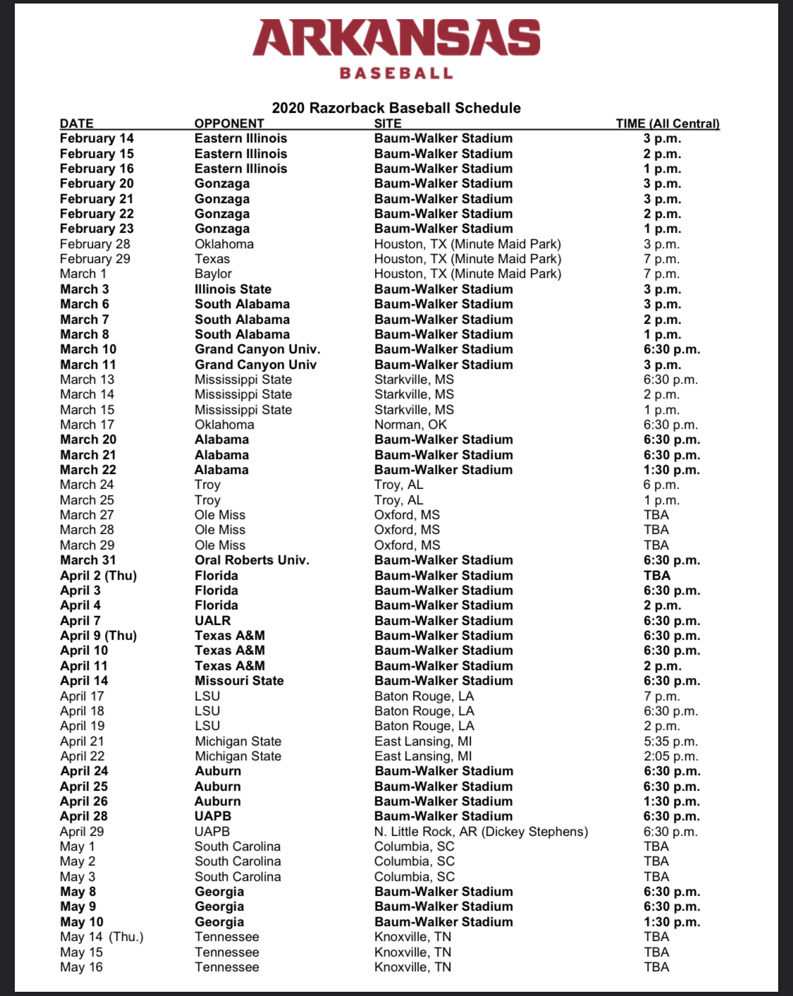 2020 Arkansas Baseball Schedule R razorbacks 2020 Arkansas Baseball Schedule R razorbacks