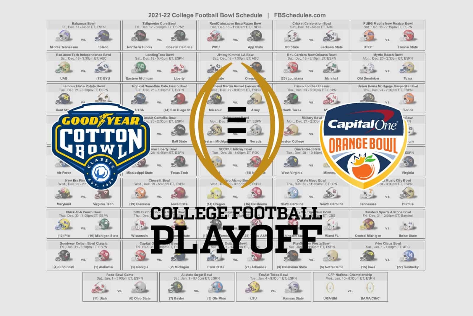 College Bowl Game Schedule Printable