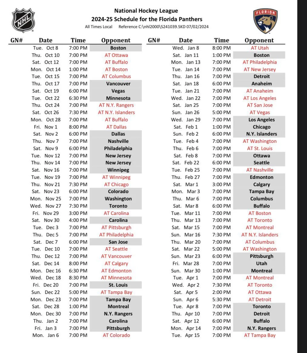 2024 25 Schedule R FloridaPanthers