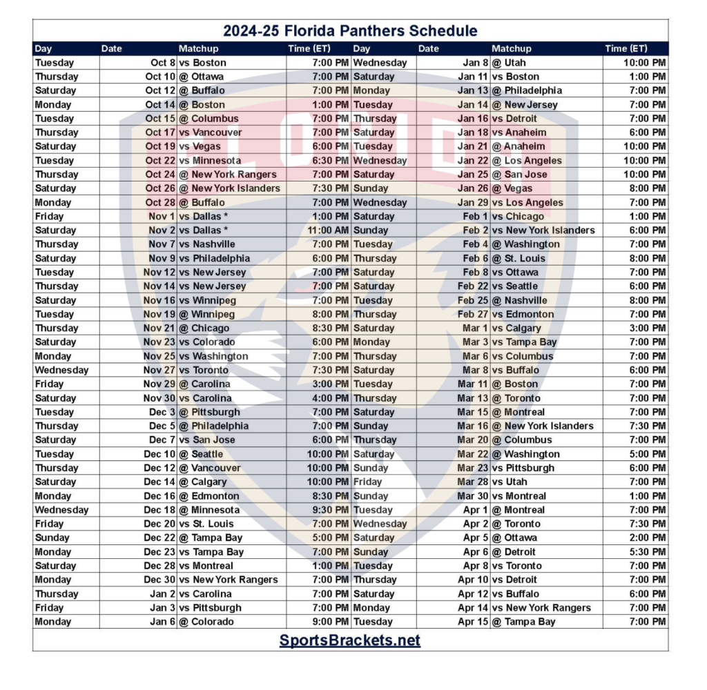 2025 26 Florida Panthers Schedule Printable PDF Format