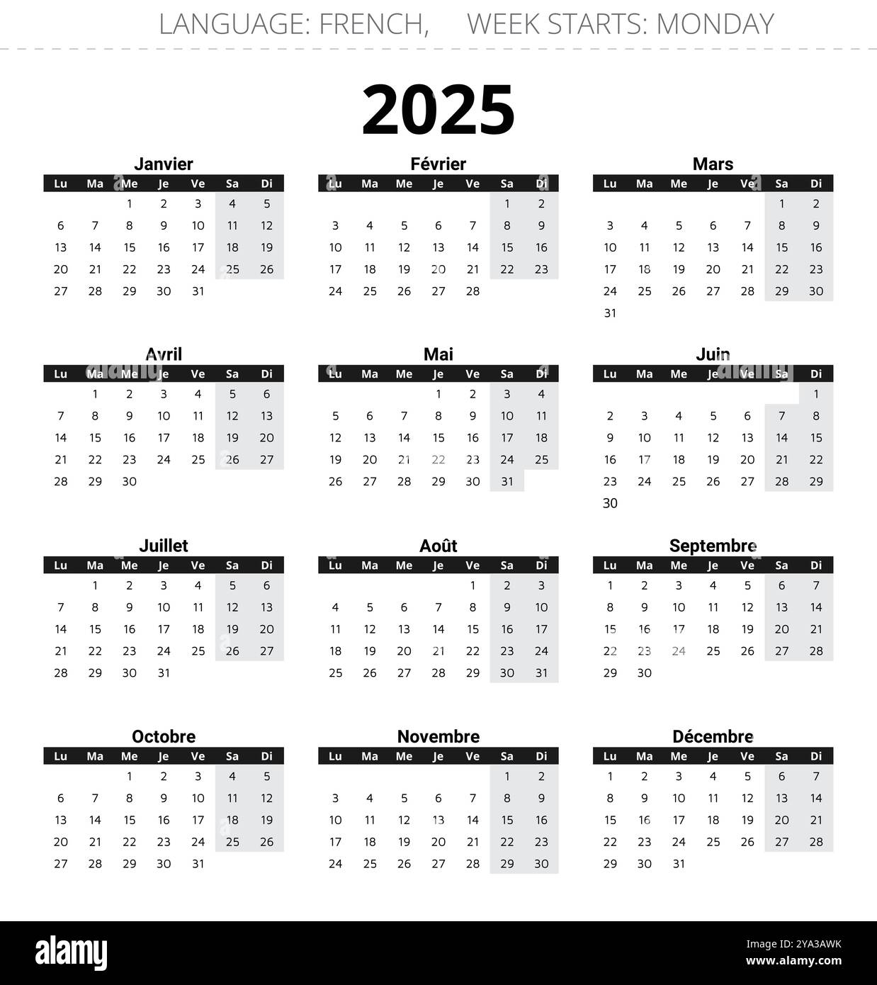2025 French Calendar Calendrier Editable Vector Illustration For France 12 Months Year Stock Vector Image Art Alamy