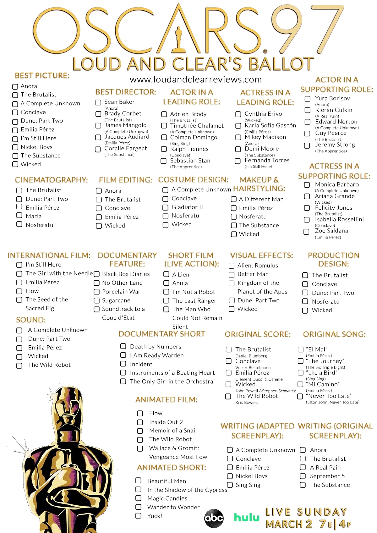 Oscar Nominees Printable List Oscar Nominees Printable List