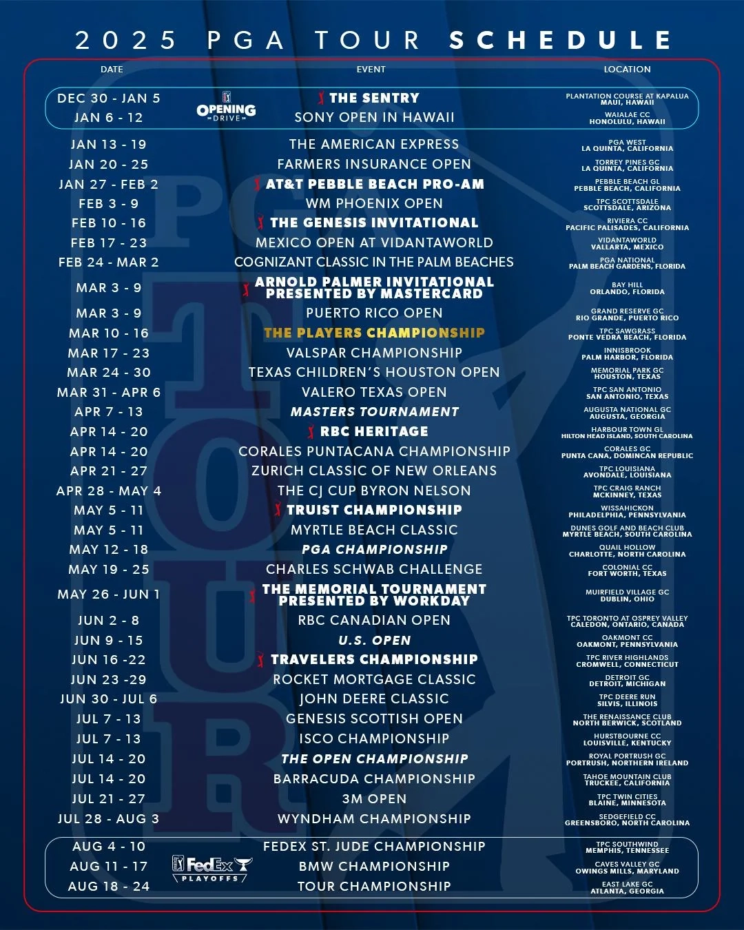 2025 PGA Tour Schedule R golf