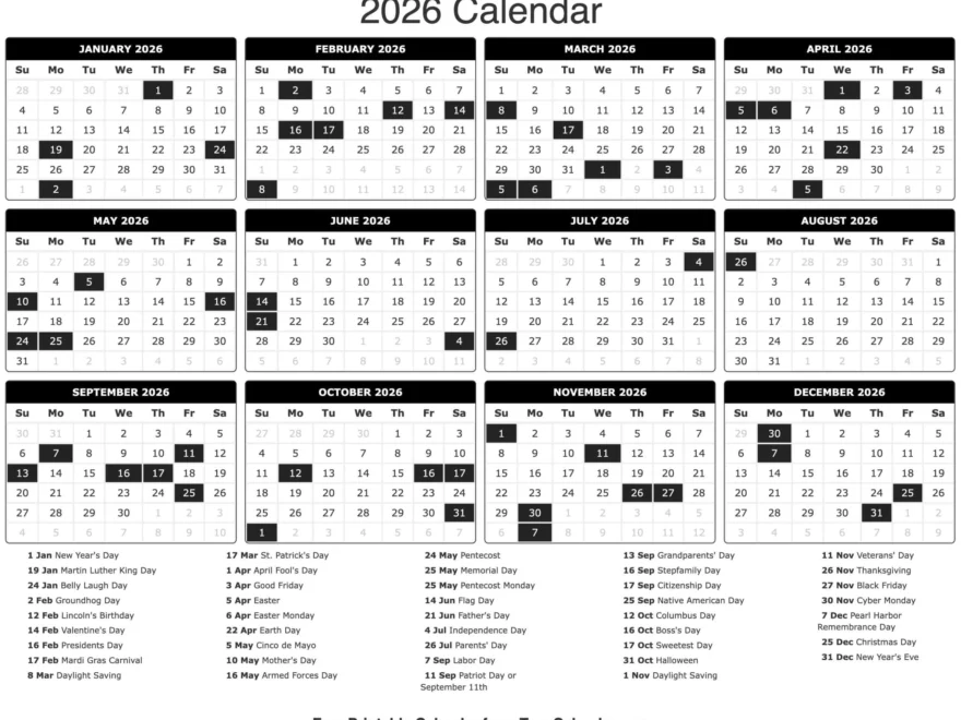 2026 Calendar Free Printable Calendar With Holidays