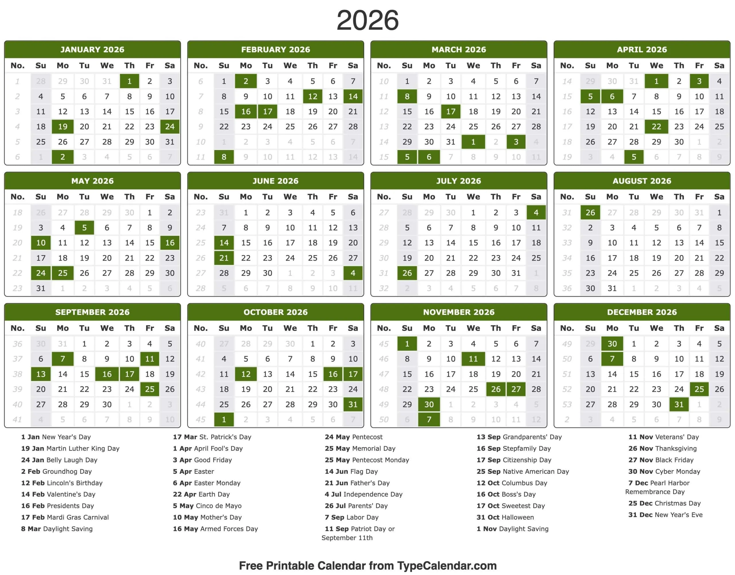 List Of 2026 Holidays Printable