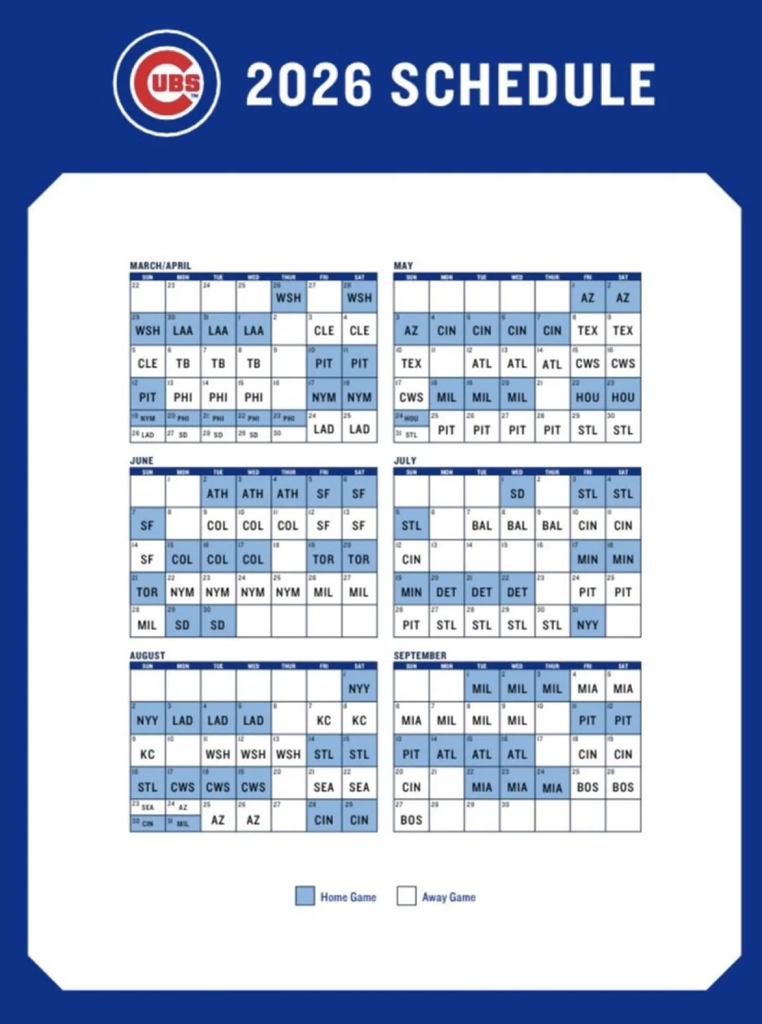 Chicago Cubs 2026 Printable Schedule