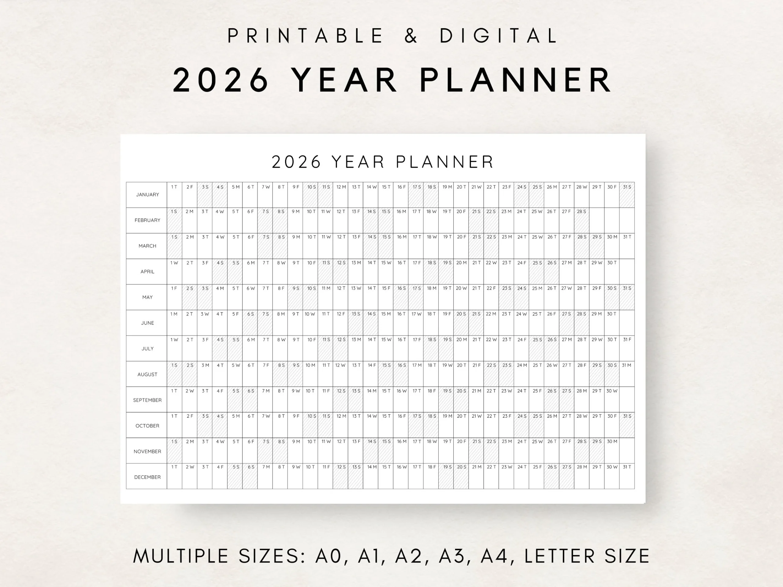 2026 Printable Yearly Calendar Etsy