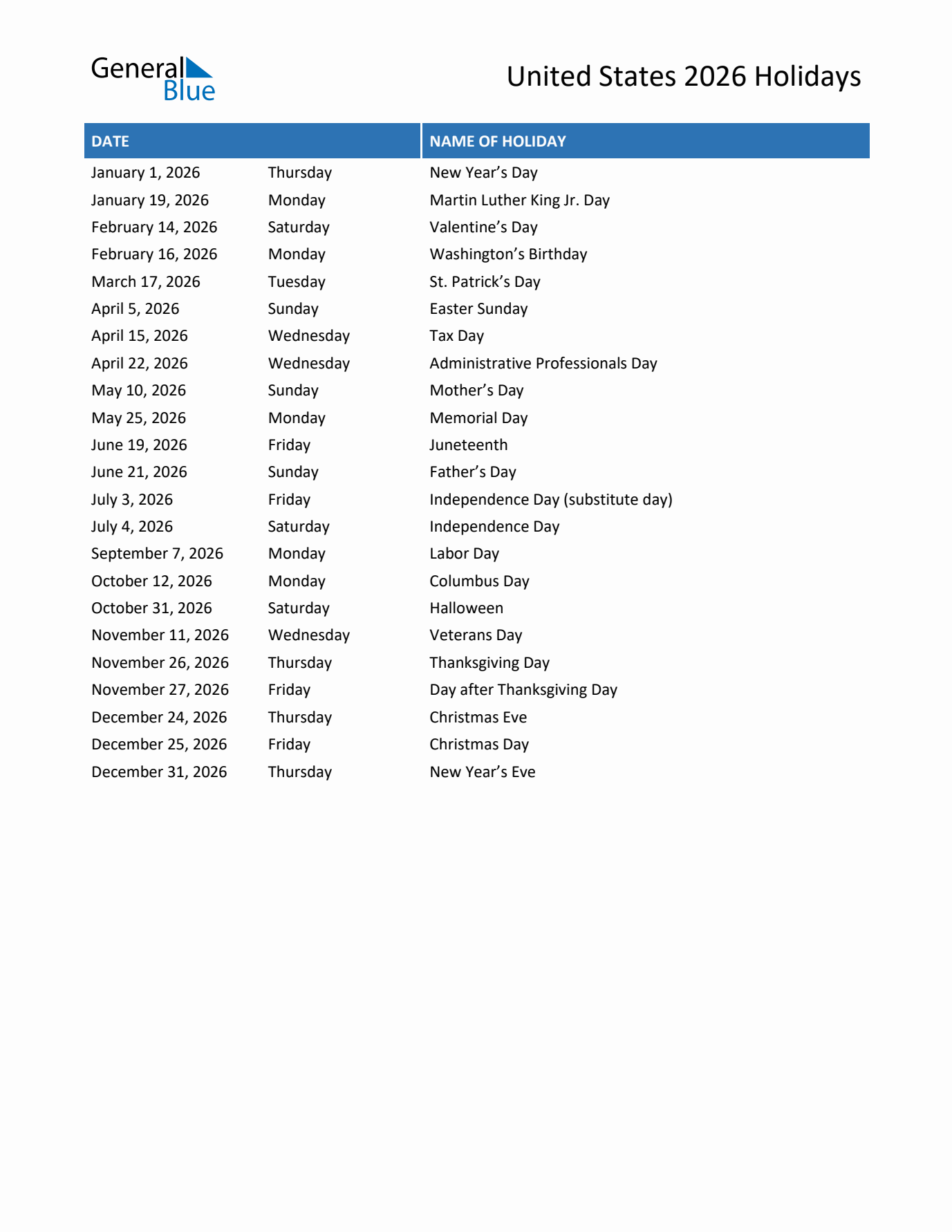 2026 United States List Of Holidays In PDF Word And Excel