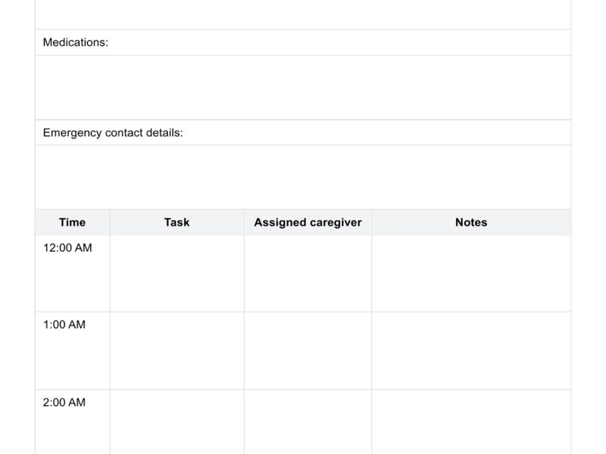 24 hour Caregiver Schedule Template