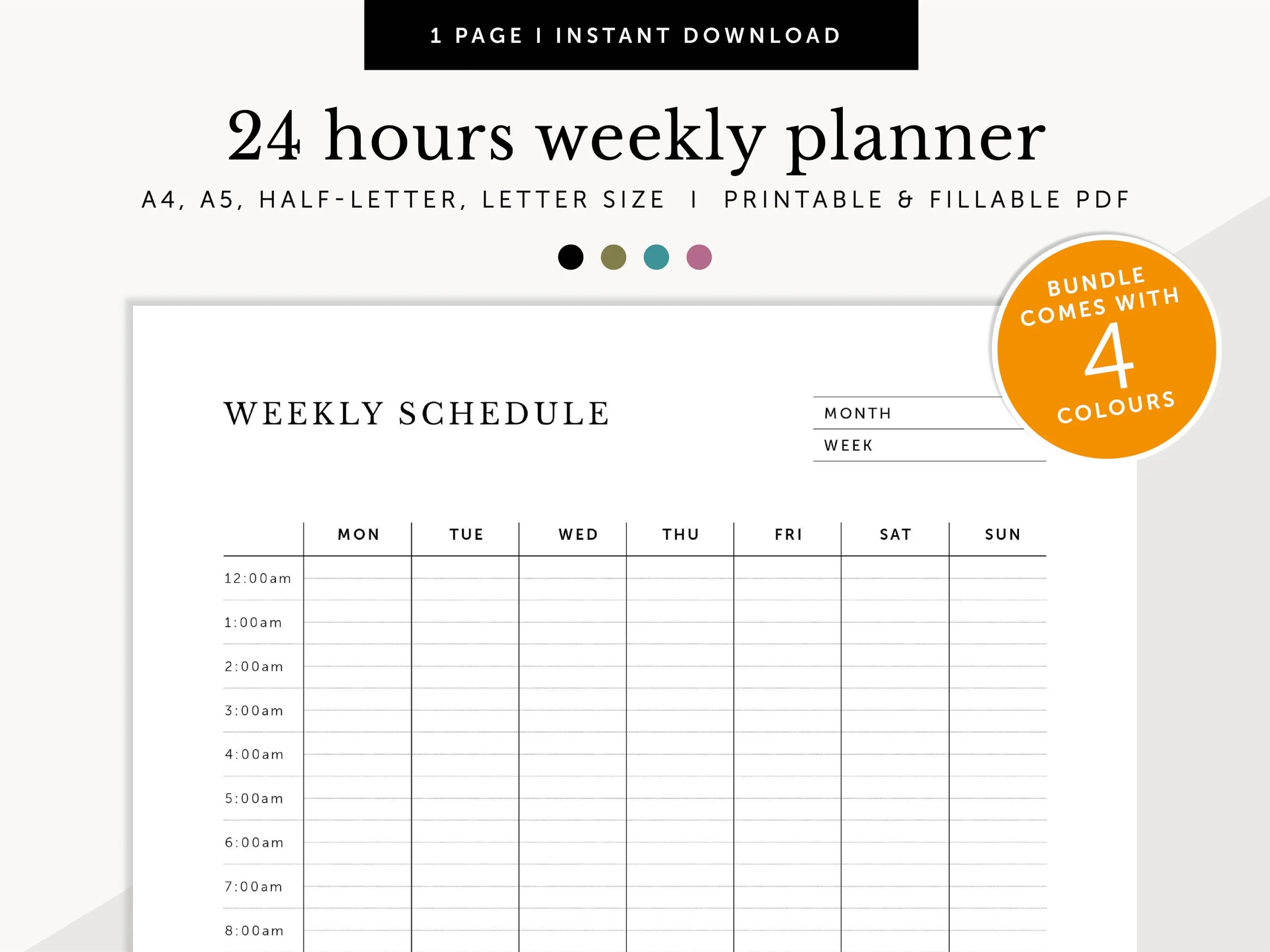 24 Hour Weekly Calendar 24hrs Weekly Schedule Weekly Desk Planner Fillable Printable Planner Inserts A4 a5 letter half Size Etsy