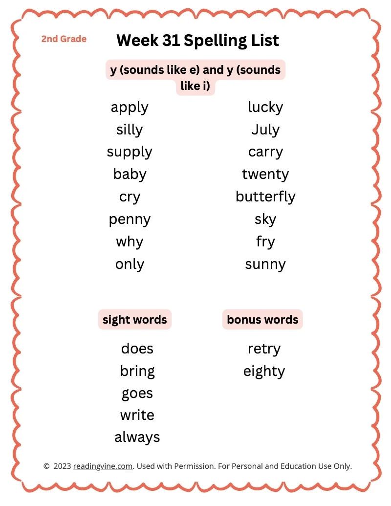 2nd Grade Spelling Words Full 31 Week Curriculum