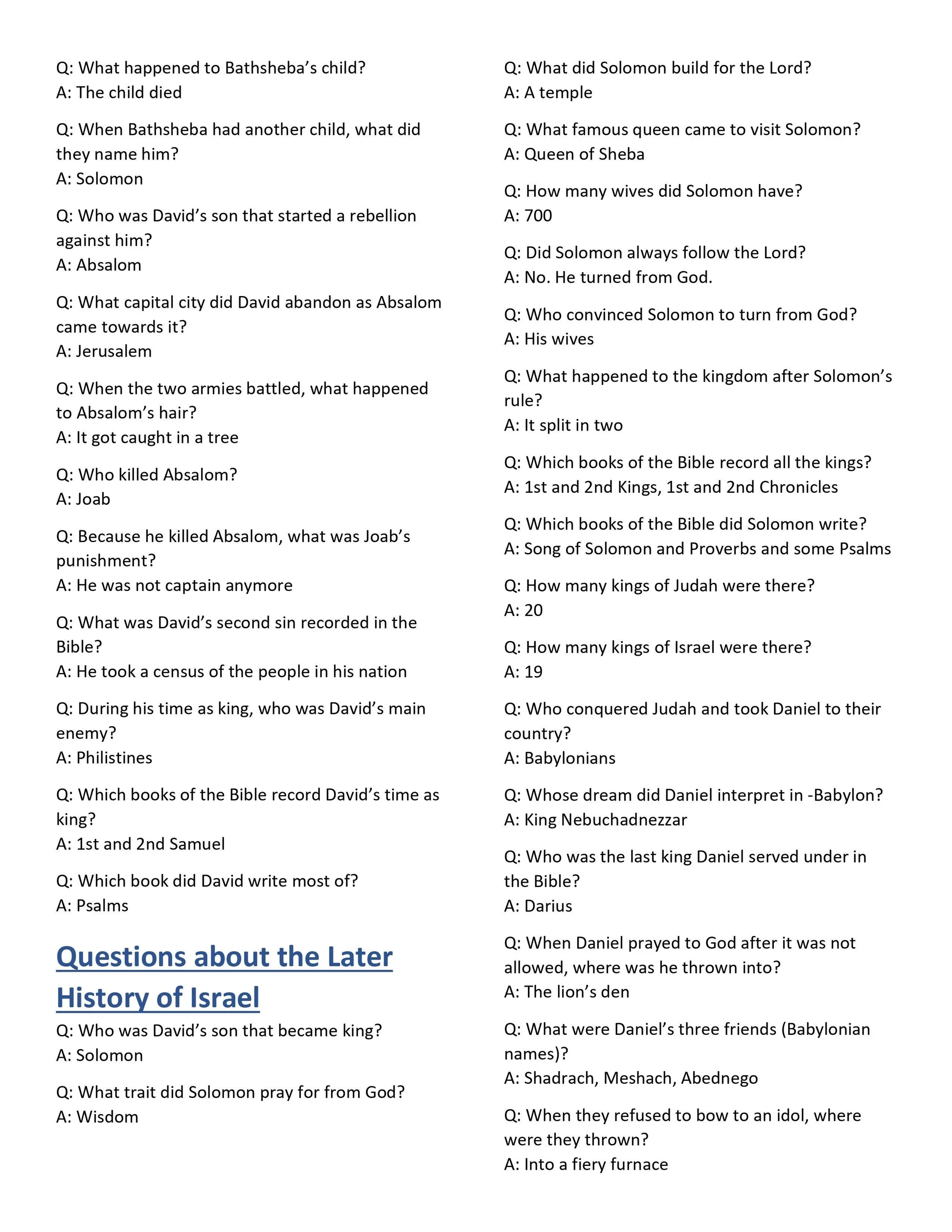 301 Bible Trivia Questions Answers free Download Sunday School Store