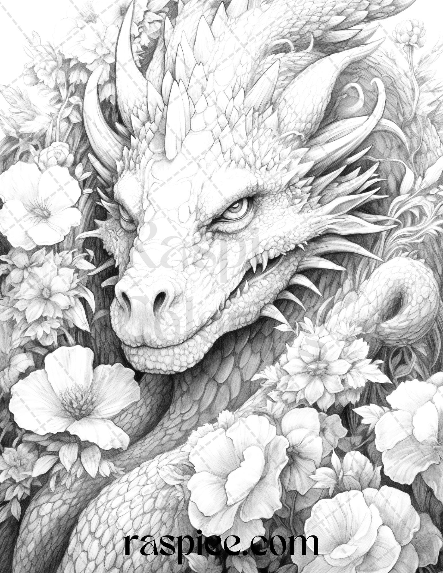 40 Flower Dragon Grayscale Coloring Pages Printable For Adults PDF Fi RASPIEE 40 Flower Dragon Grayscale Coloring Pages Printable For Adults PDF Fi RASPIEE