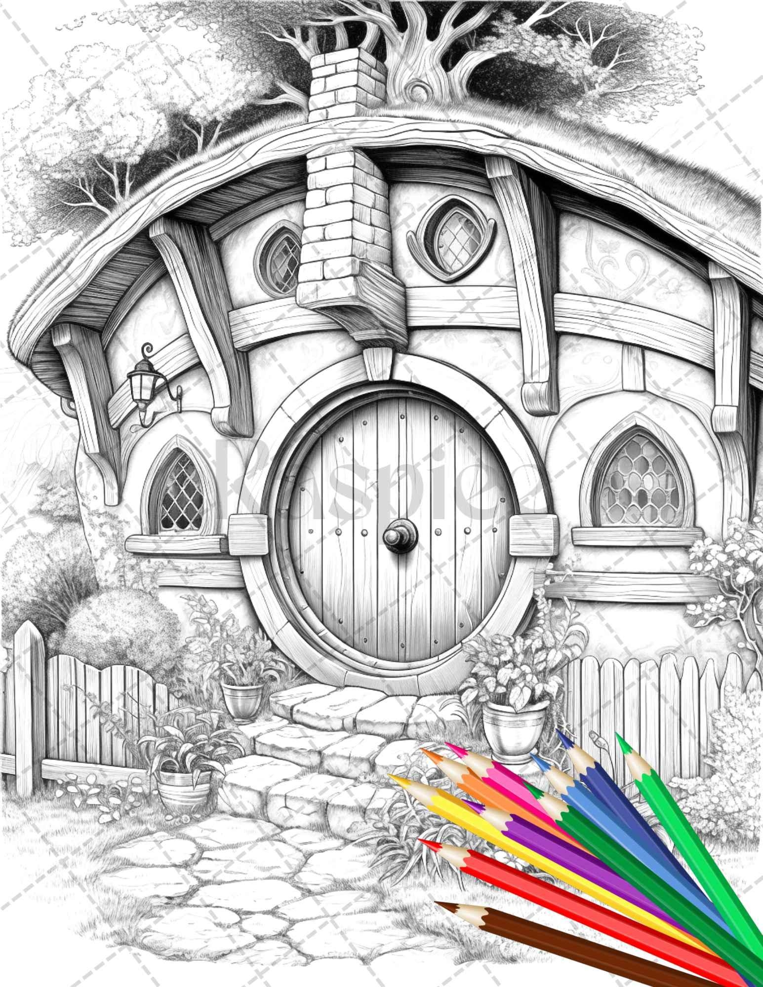 43 Enchanted Hobbiton Houses Grayscale Coloring Pages Printable For Ad RASPIEE