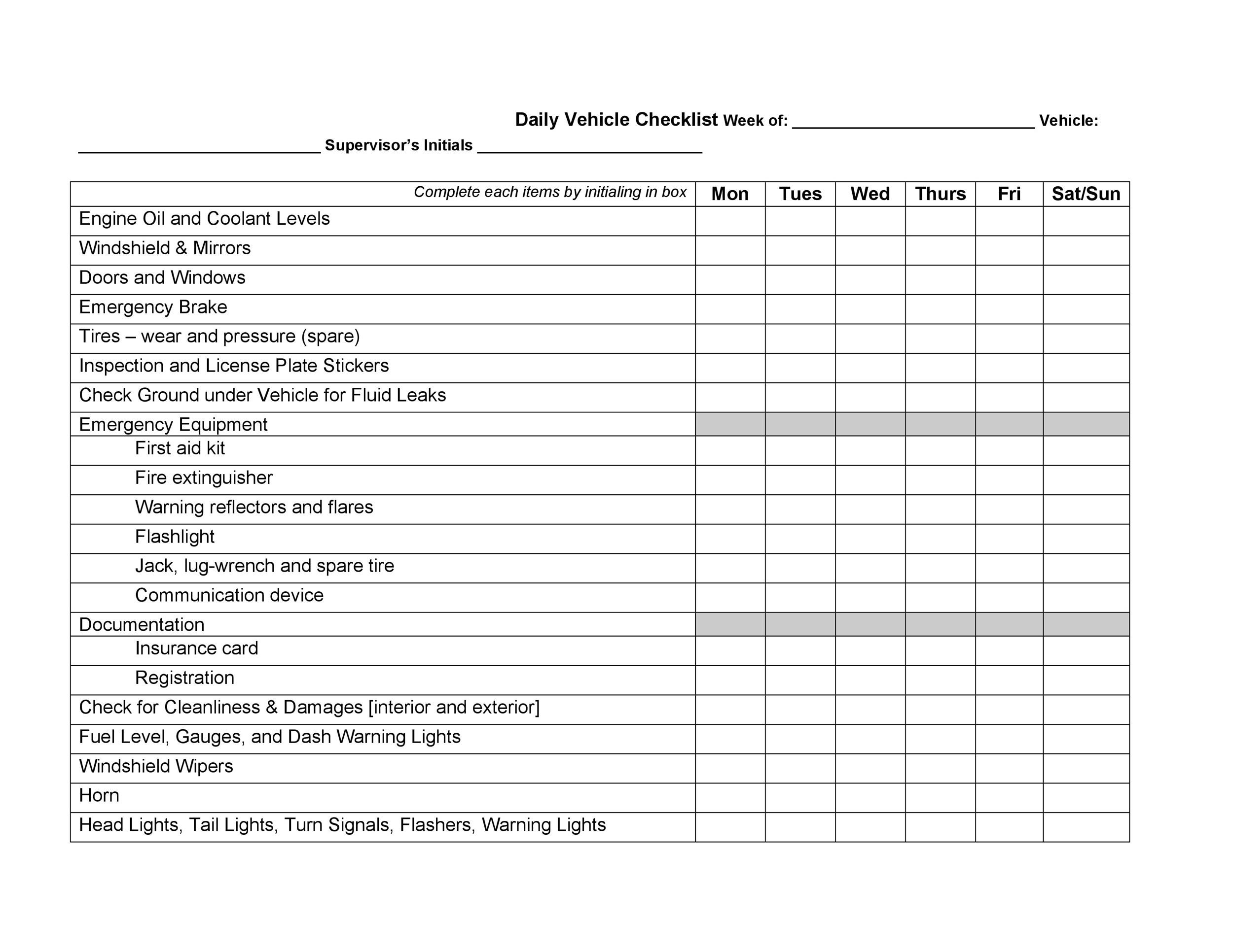 Check List Maintenance Form Printable