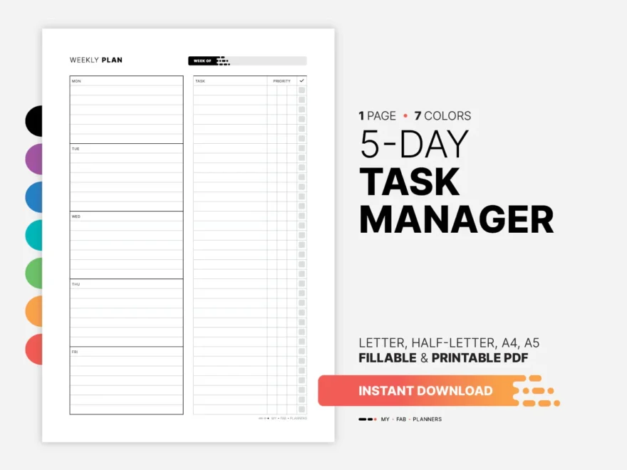 5 day Task Manager Printable To Do List Tracker Fillable Weekly Work Project Student Agenda Simple Productivity Planner PDF Template Etsy