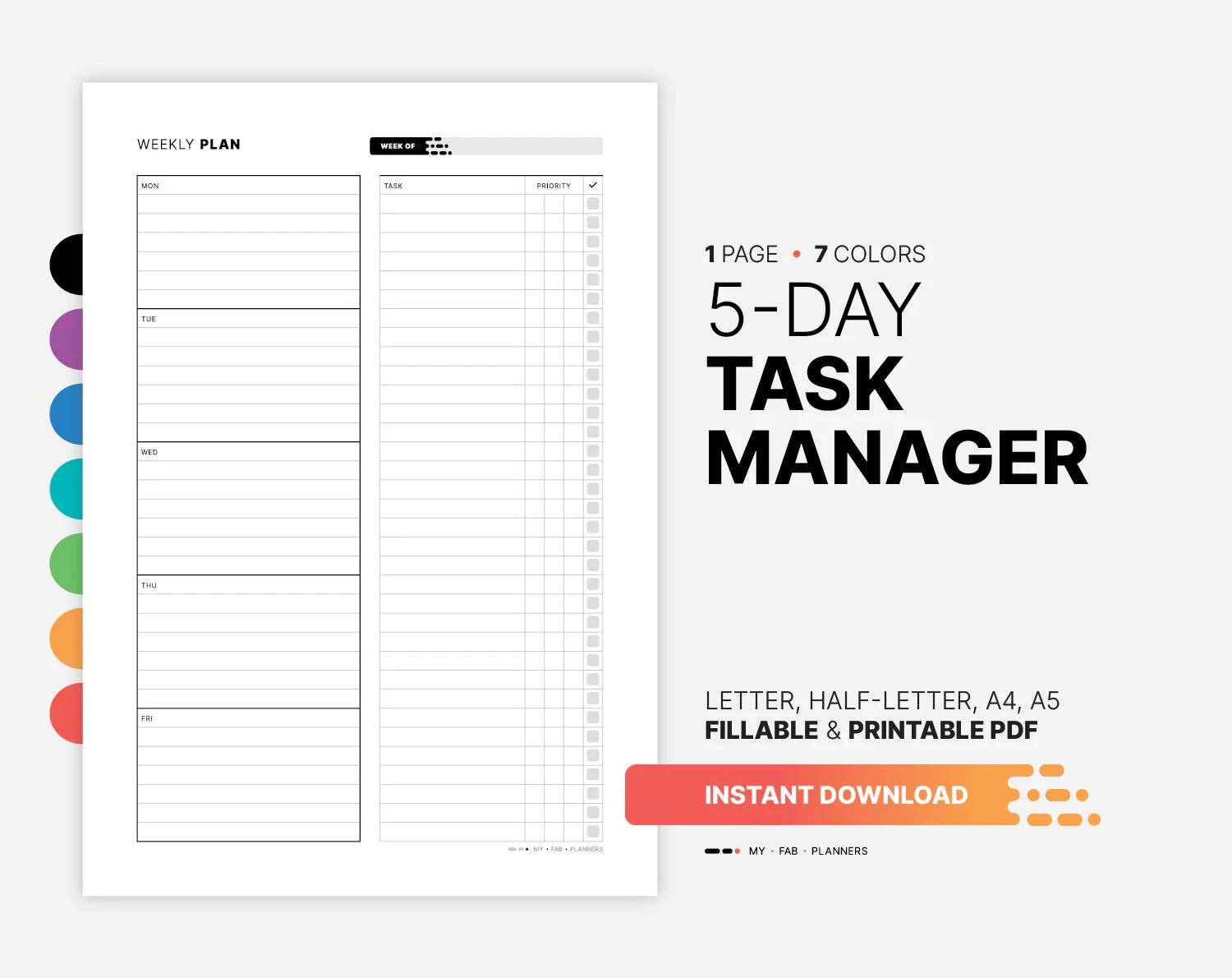 5 day Task Manager Printable To Do List Tracker Fillable Weekly Work Project Student Agenda Simple Productivity Planner PDF Template Etsy