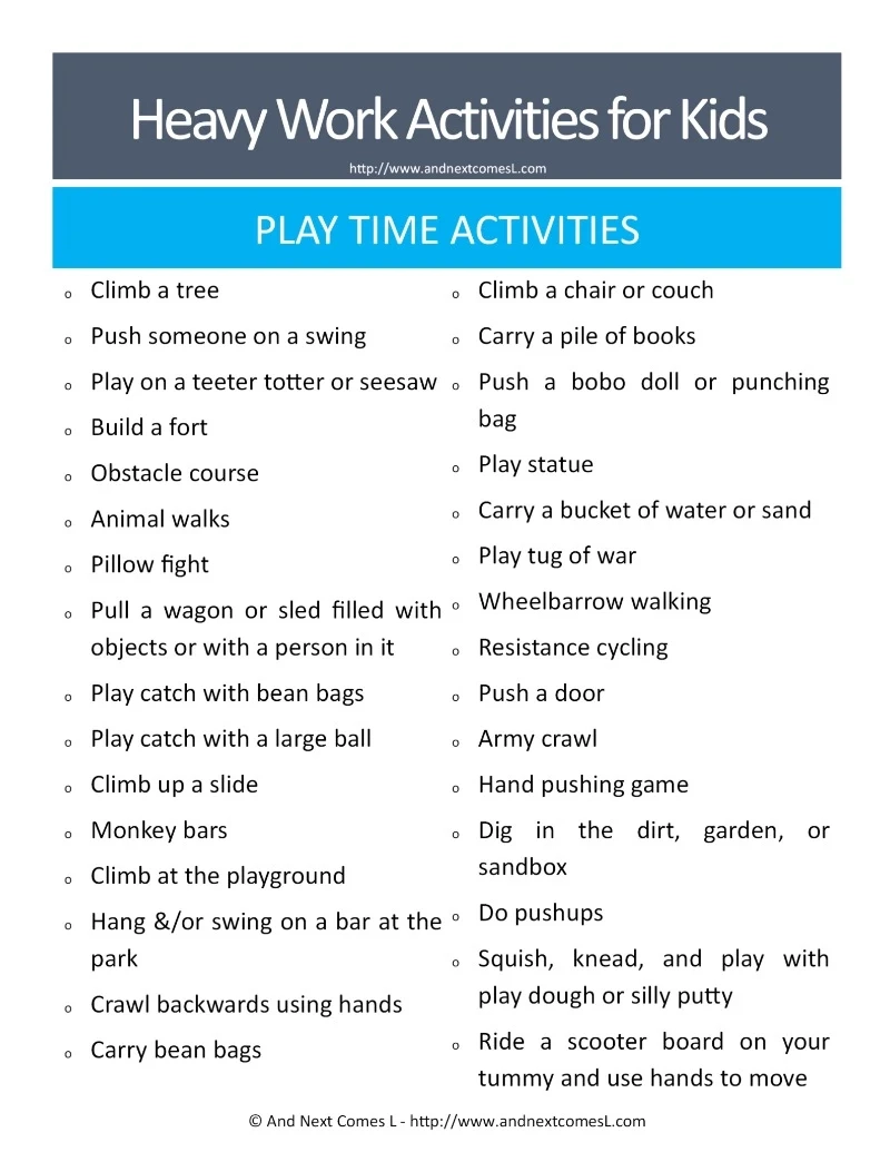50 Heavy Work Activities For Kids Free Printable And Next Comes L Hyperlexia Resources
