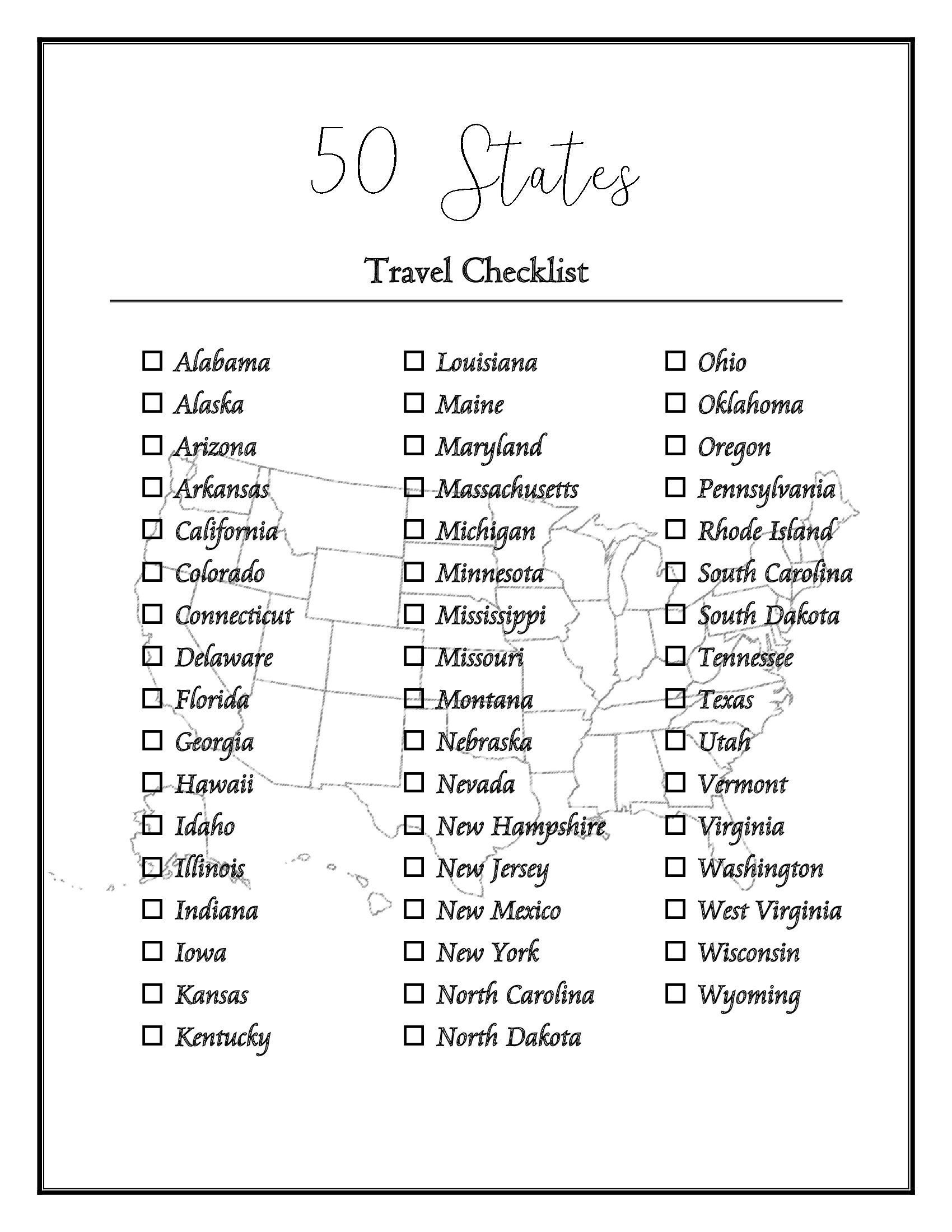 50 US States Checklist Worksheets Library