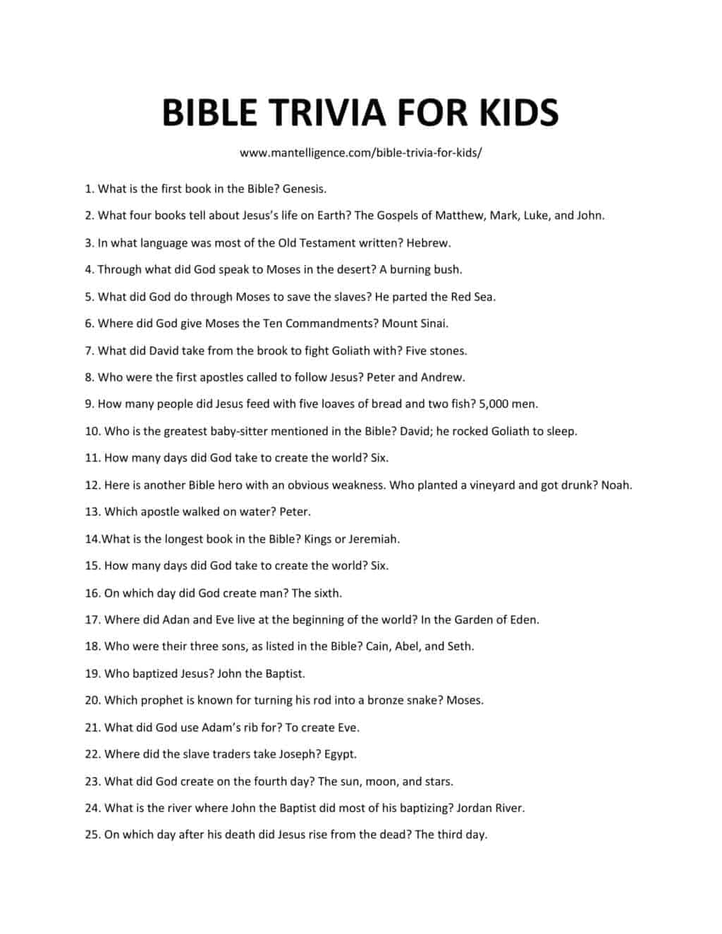Bible Trivia Questions For Youth Printable