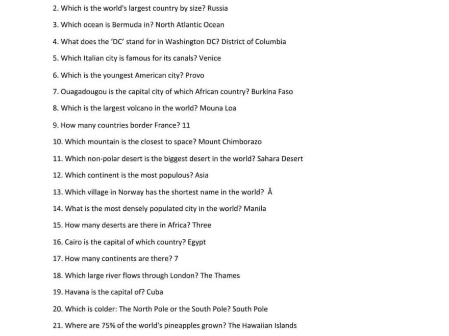 69 Geography Trivia Questions amp Answers Easy To Hard Worksheets Library
