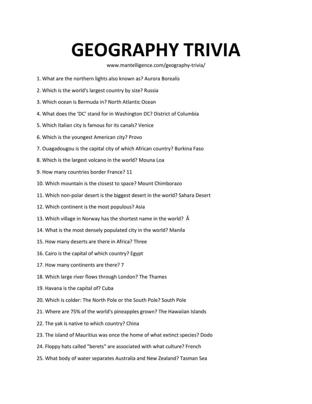 69 Geography Trivia Questions amp Answers Easy To Hard Worksheets Library