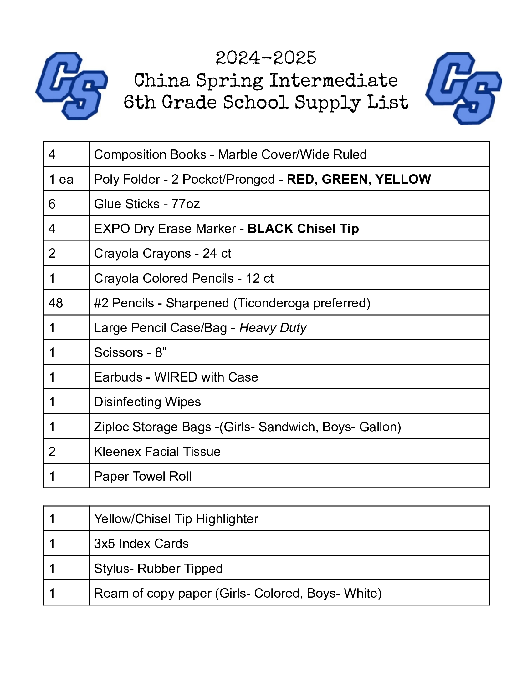 6th Grade School Supply List Printable