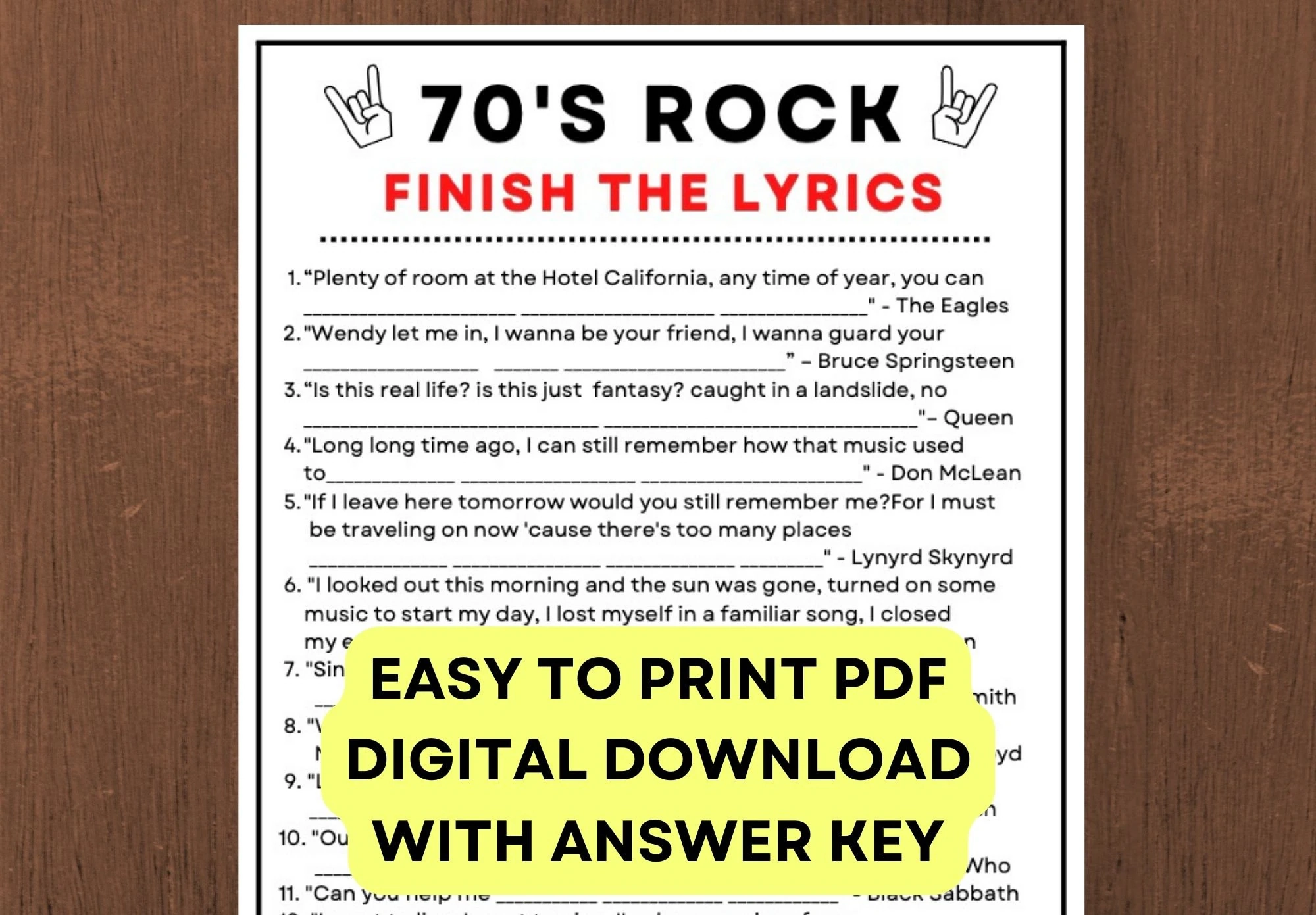Classic Song Lyrics Quiz Printable