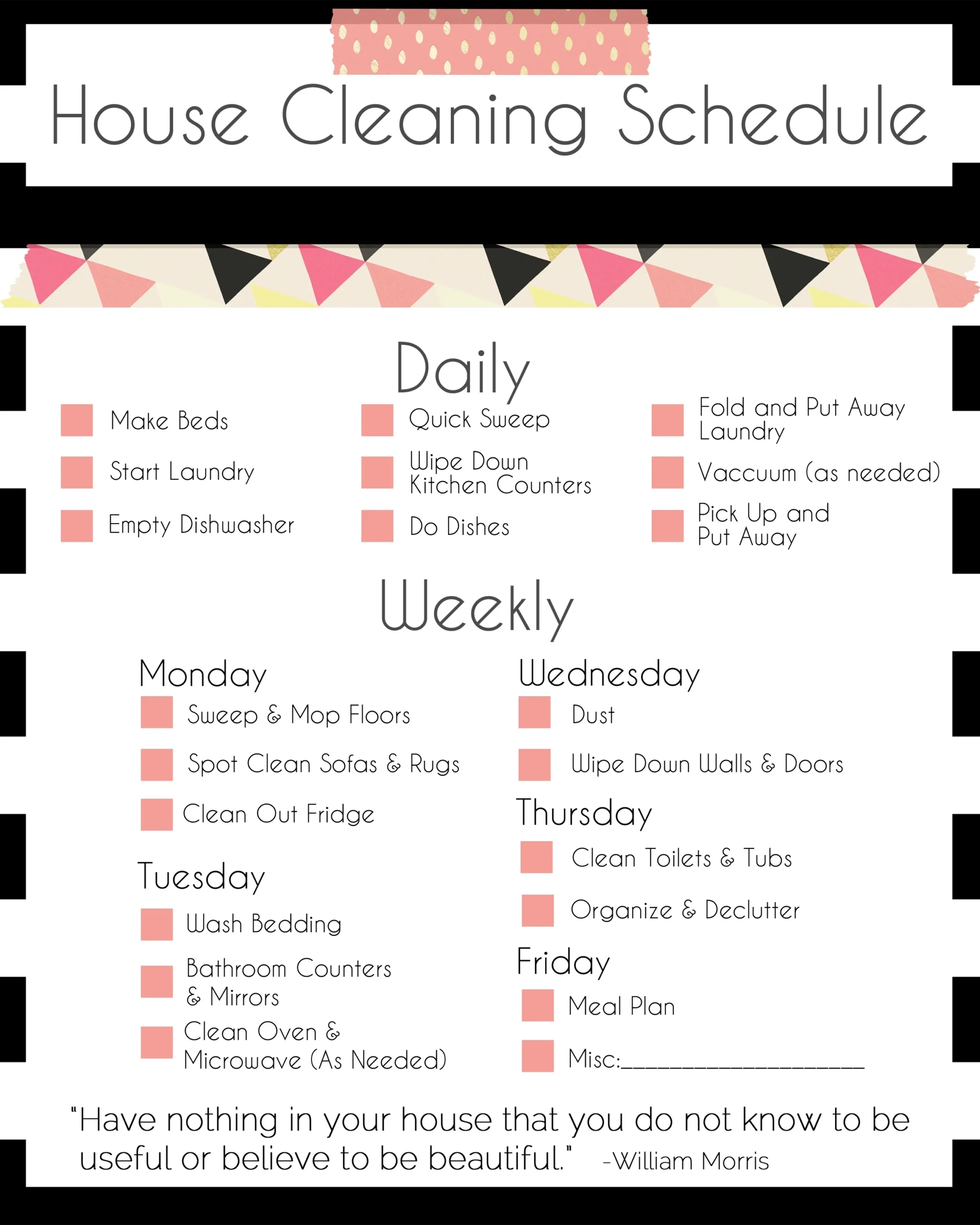 Household Chore List Printable