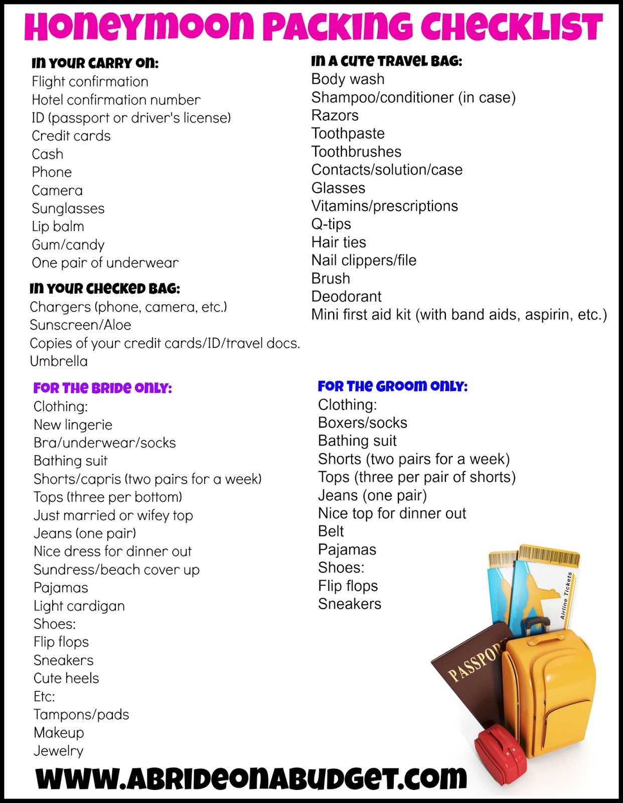 A Bride On A Budget Honeymoon Packing Checklist With A Free Printable 